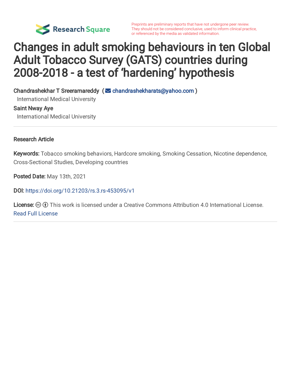 Changes in Adult Smoking Behaviours in Ten Global Adult Tobacco Survey (GATS) Countries During 2008-2018 - a Test of ‘Hardening’ Hypothesis