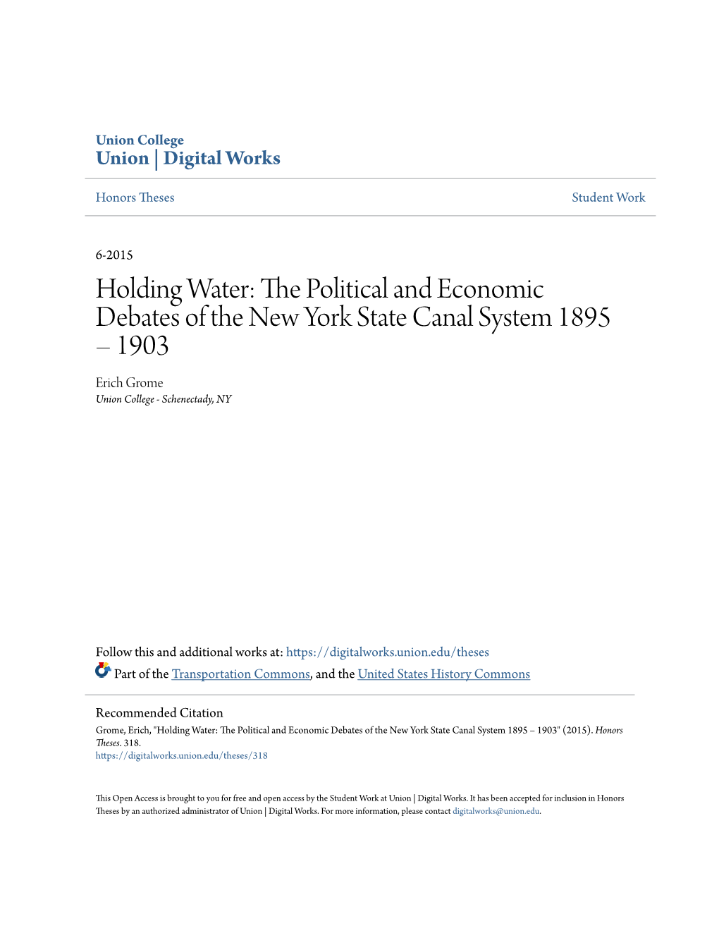 The Political and Economic Debates of the New York State Canal System 1895 – 1903