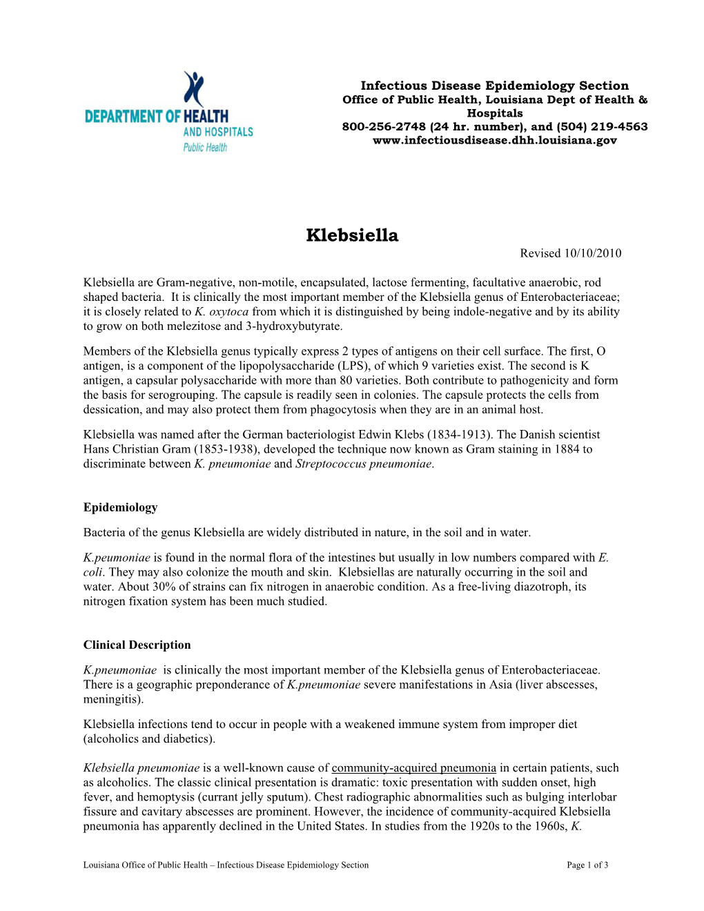 Klebsiella Revised 10/10/2010