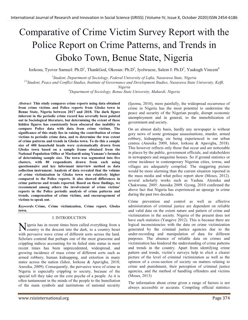 Comparative of Crime Victim Survey Report with the Police Report on Crime Patterns, and Trends in Gboko Town, Benue State, Nigeria