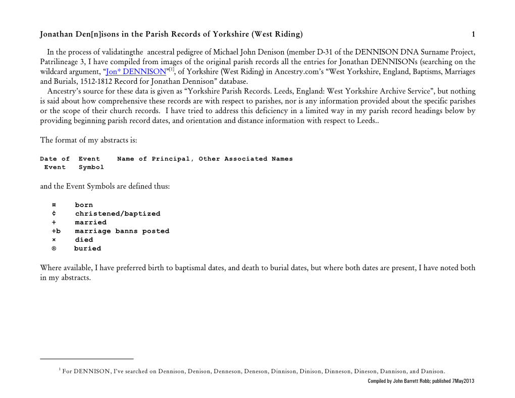 Jonathan Den[N]Isons in the Parish Records of Yorkshire (West Riding) 1