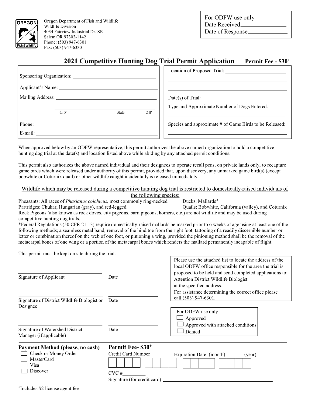 2021 Competitive Hunting Dog Trial Permit Application Permit Fee - $30+