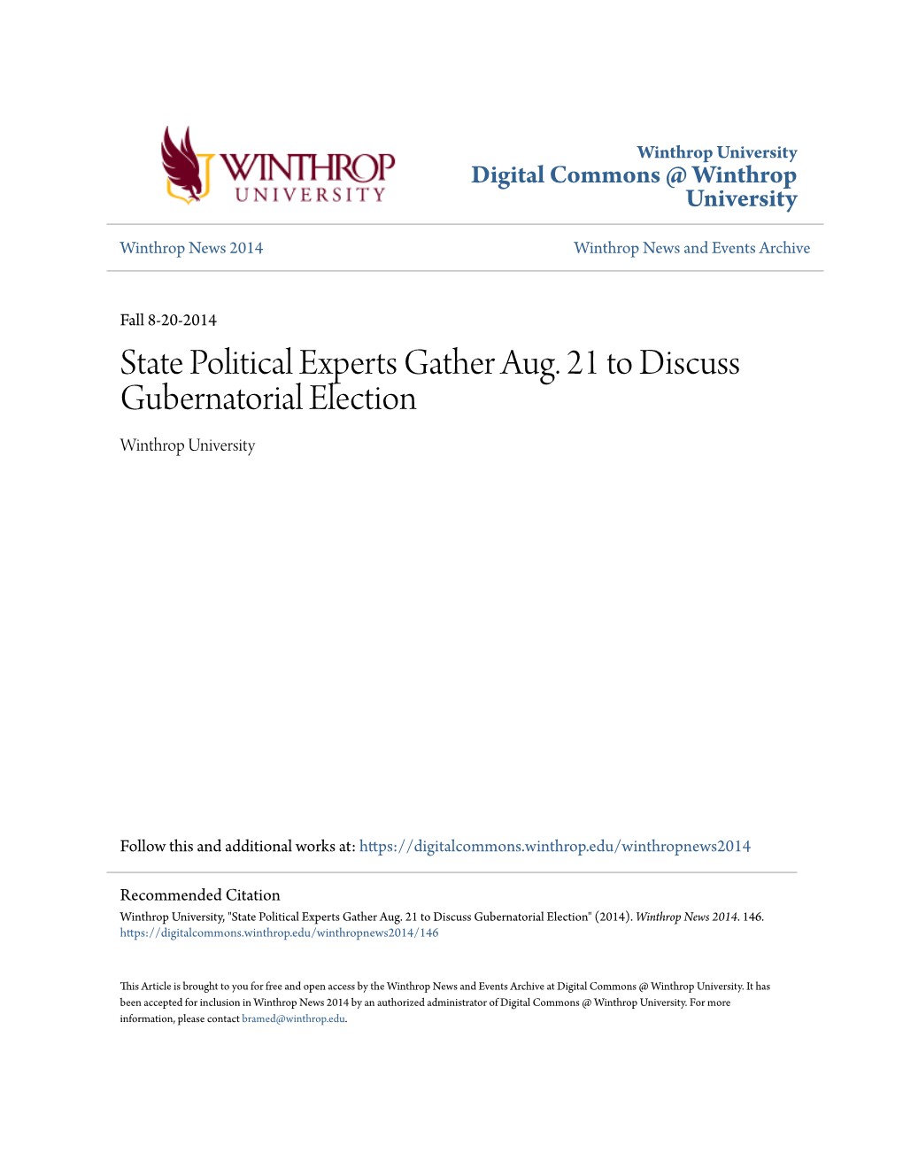 State Political Experts Gather Aug. 21 to Discuss Gubernatorial Election Winthrop University