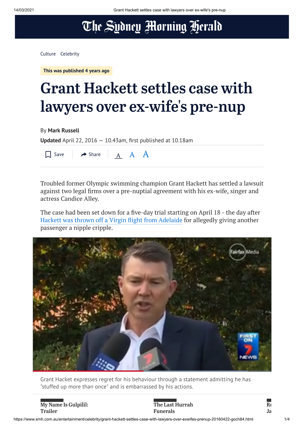 Grant Hackett Settles Case with Lawyers Over Ex-Wife's Pre-Nup