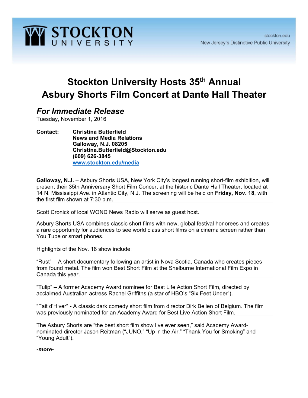 Stockton University Hosts 35Th Annual Asbury Shorts Film Concert at Dante Hall Theater for Immediate Release Tuesday, November 1, 2016