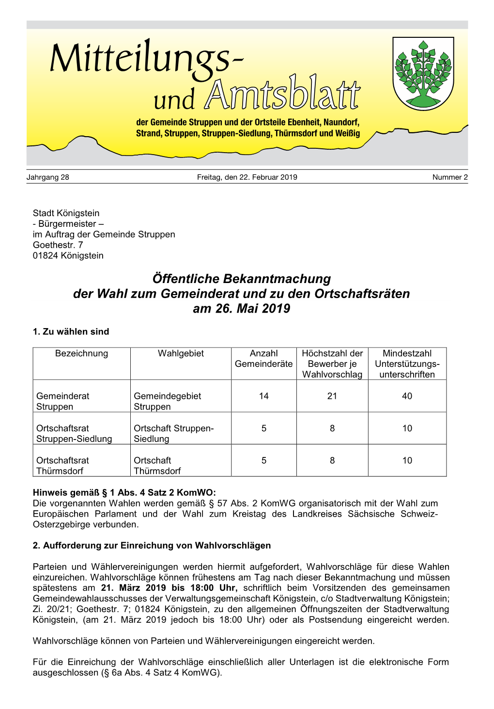 Amtsblatt Der Gemeinde Struppen Und Der Ortsteile Ebenheit, Naundorf, Strand, Struppen, Struppen-Siedlung, Thürmsdorf Und Weißig