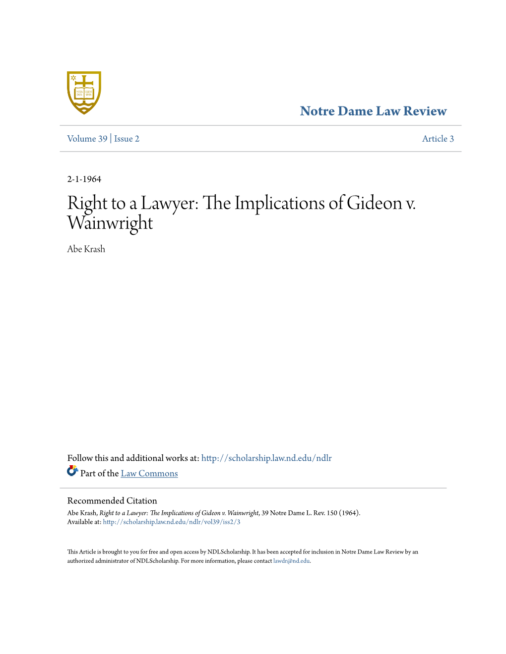 The Implications of Gideon V. Wainwright, 39 Notre Dame L