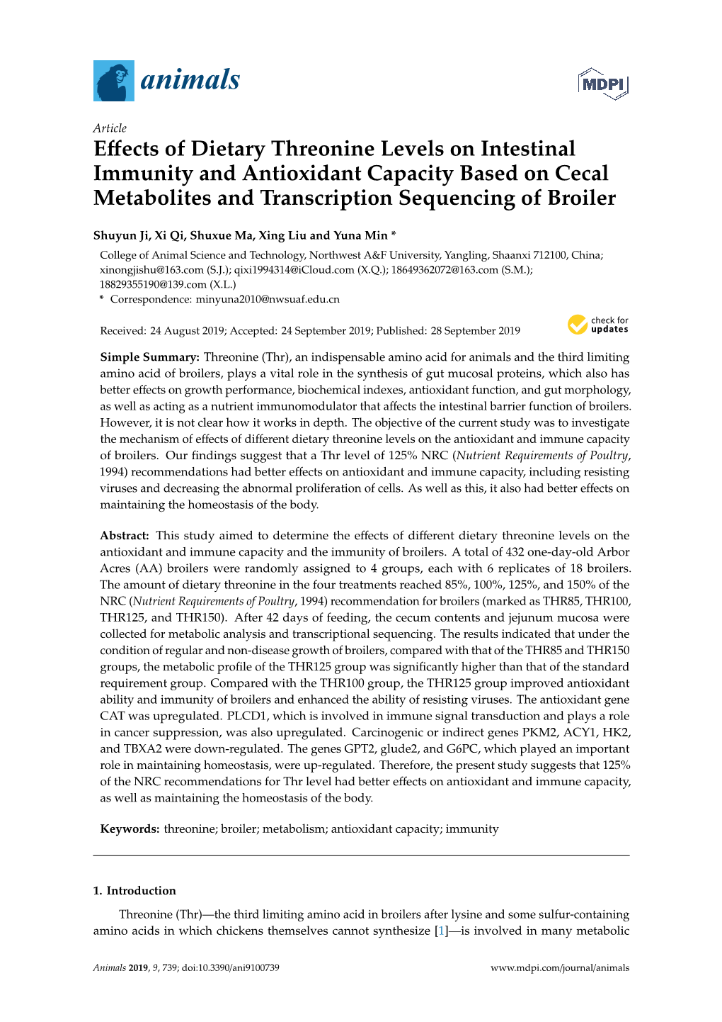 Effects of Dietary Threonine Levels on Intestinal Immunity and Antioxidant