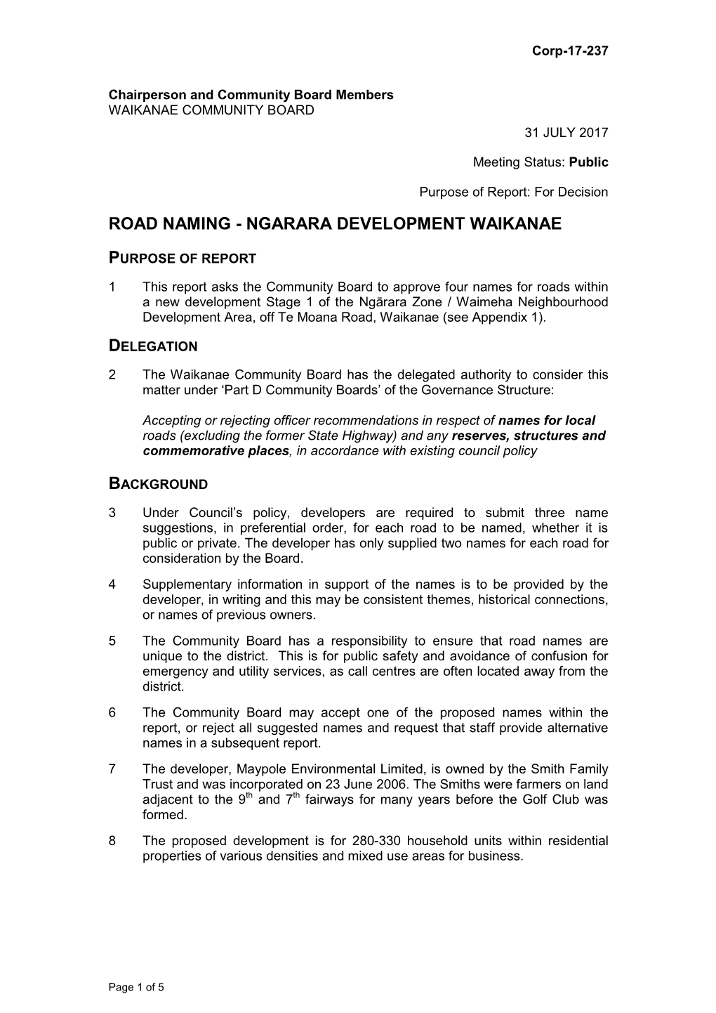 Road Naming - Ngarara Development Waikanae
