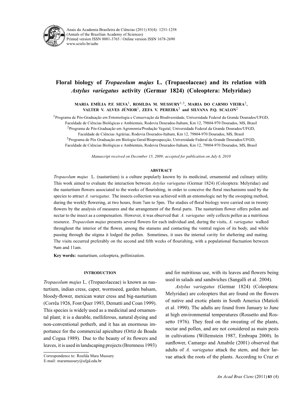 Floral Biology of Tropaeolum Majus L. (Tropaeolaceae) and Its Relation with Astylus Variegatus Activity (Germar 1824) (Coleoptera: Melyridae)