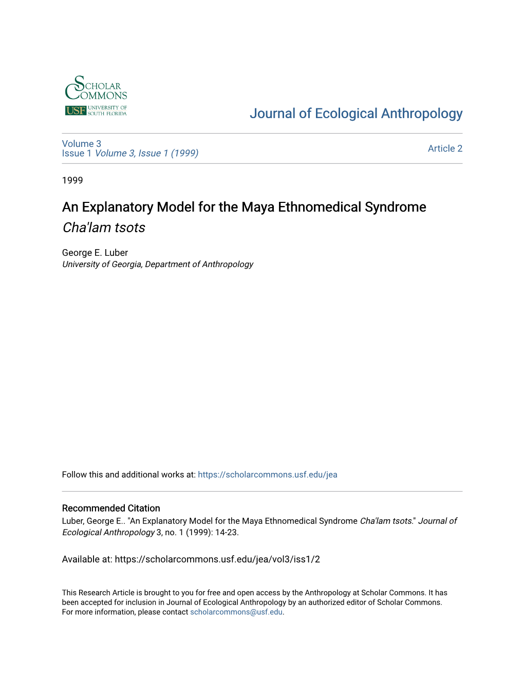 An Explanatory Model for the Maya Ethnomedical Syndrome Cha'lam Tsots