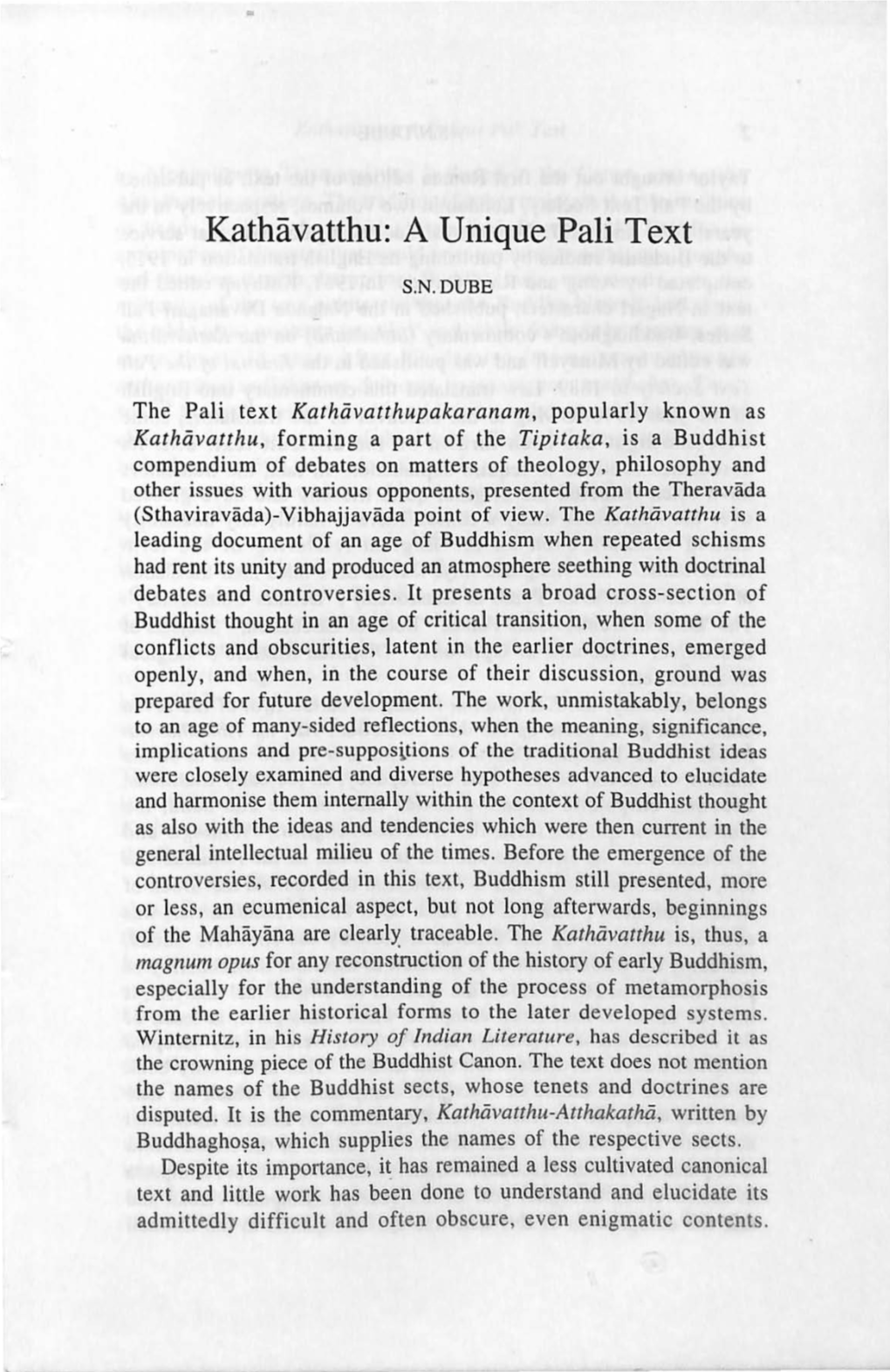 Kathavatthu: a Unique Pali Text