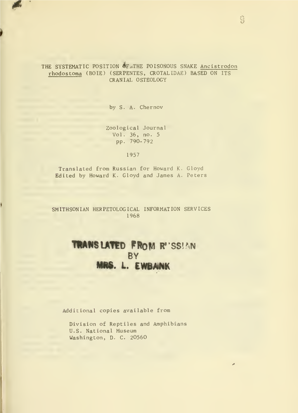 Smithsonian Herpetological Information Services 1968