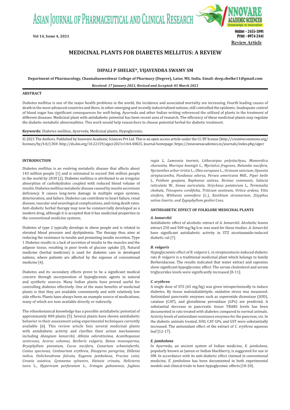 Medicinal Plants for Diabetes Mellitus: a Review