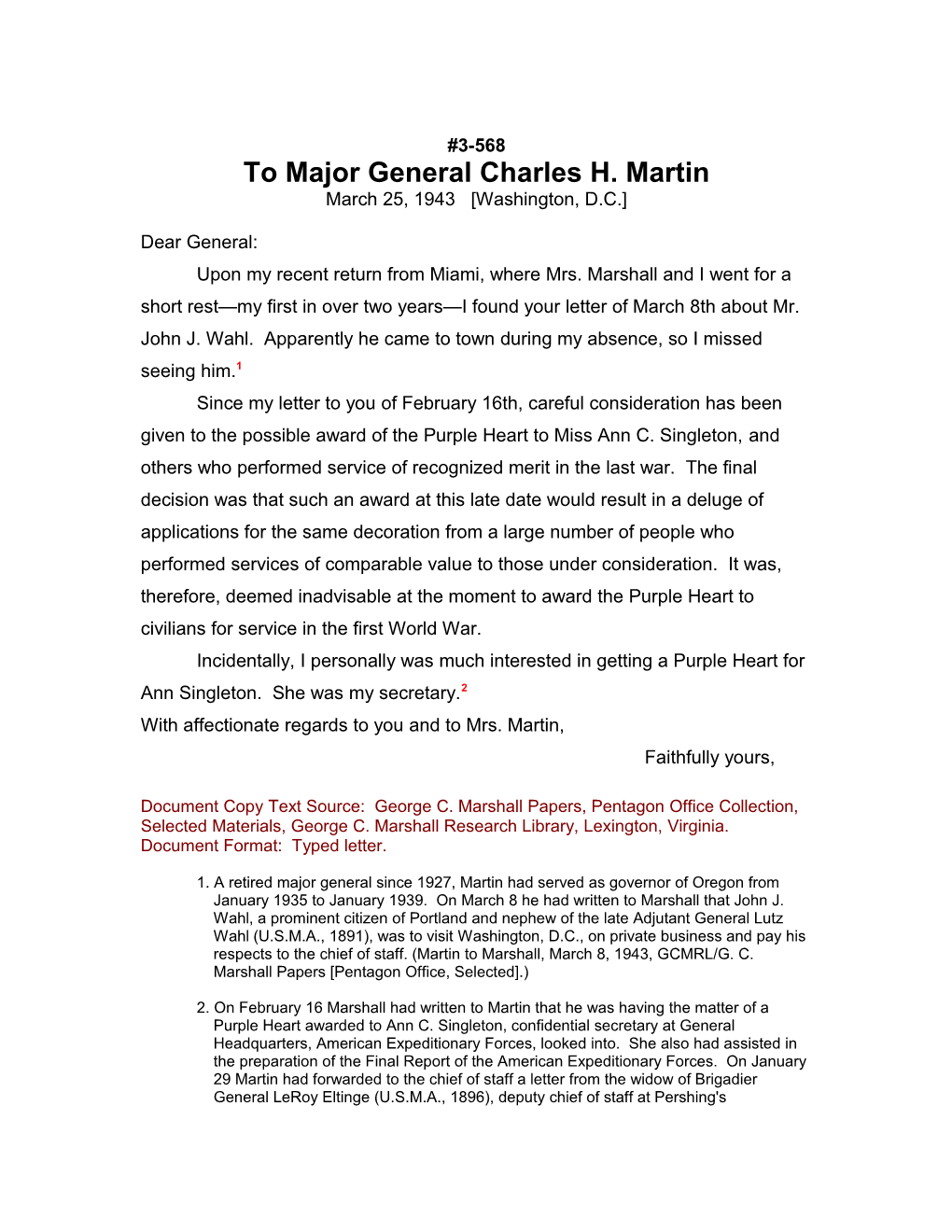 To Major General Charles H. Martin