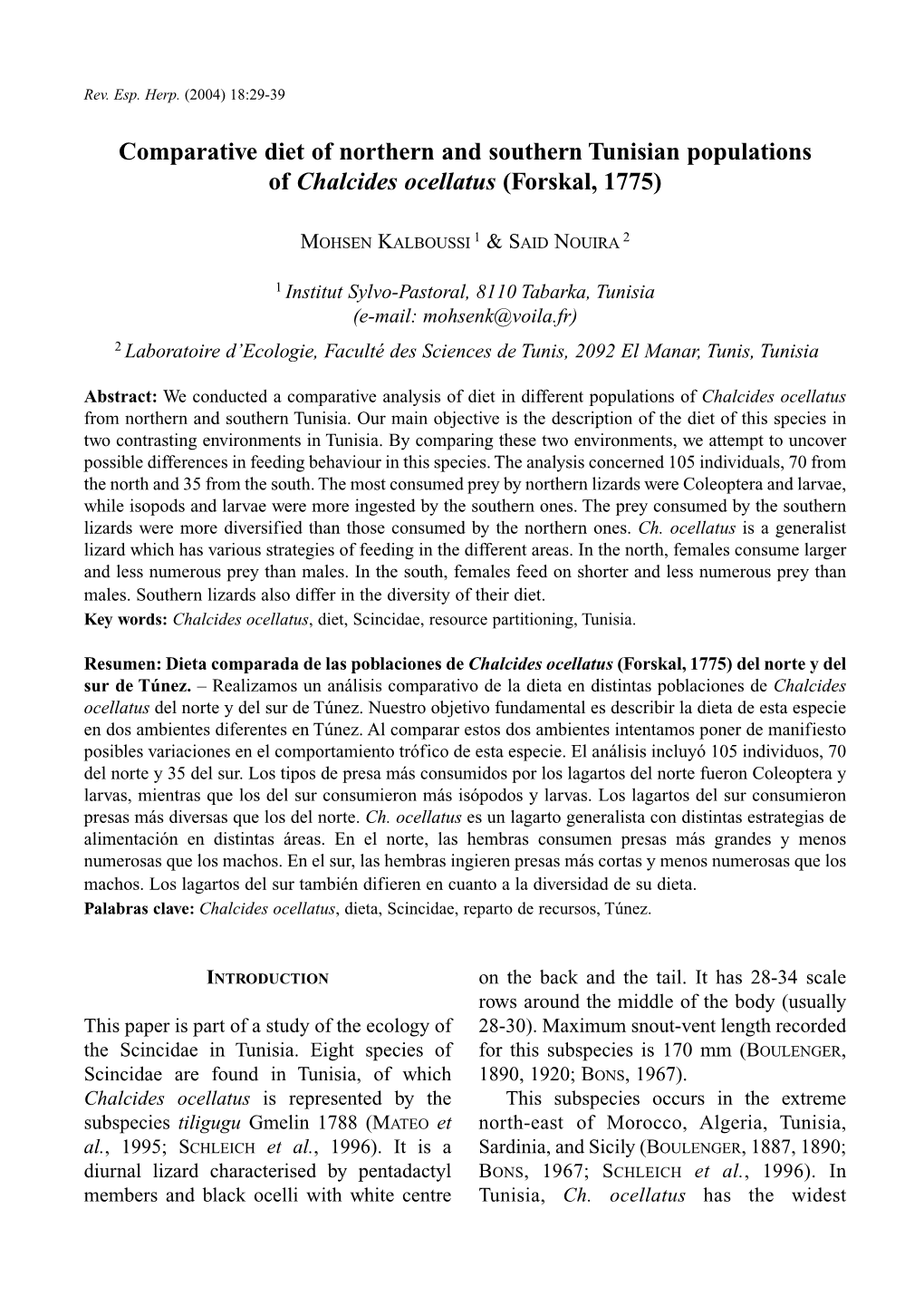 Comparative Diet of Northern and Southern Tunisian Populations of Chalcides Ocellatus (Forskal, 1775)