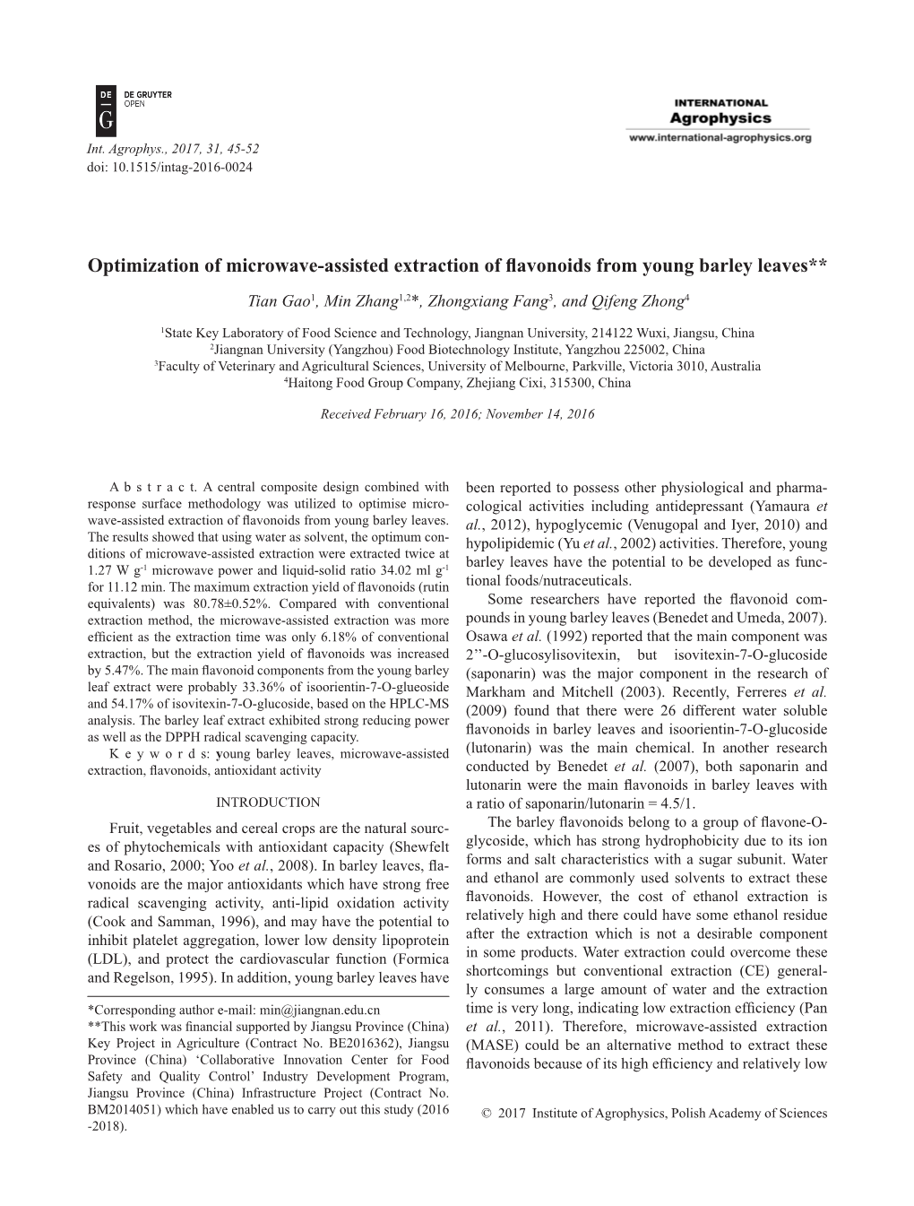 Optimization of Microwave-Assisted Extraction of Flavonoids from Young Barley Leaves** Tian Gao1, Min Zhang1,2*, Zhongxiang Fang3, and Qifeng Zhong4