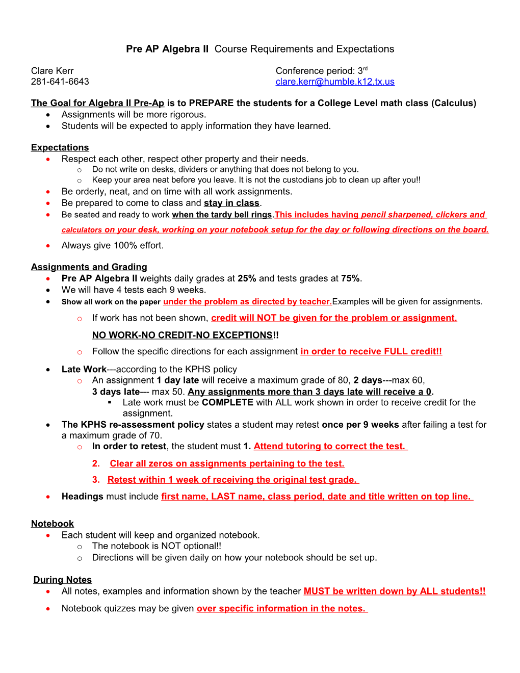 Pre AP Algebra II Course Requirements and Expectations