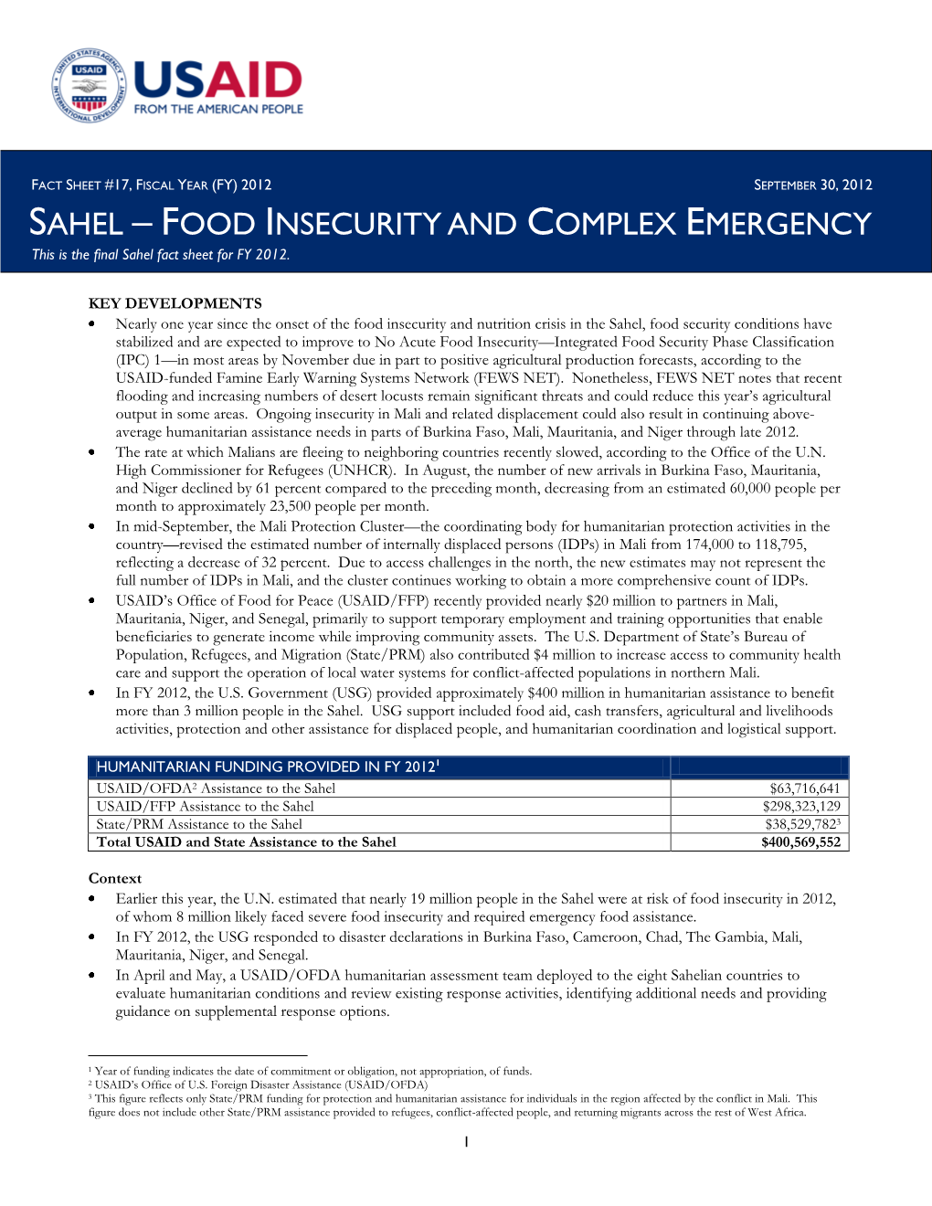 FOOD INSECURITY and COMPLEX EMERGENCY This Is the Final Sahel Fact Sheet for FY 2012