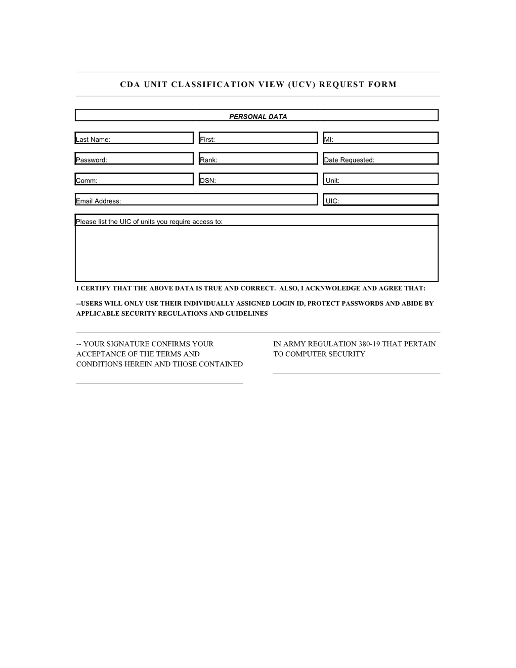 CDA Unit Classification View (UCV) Request Form