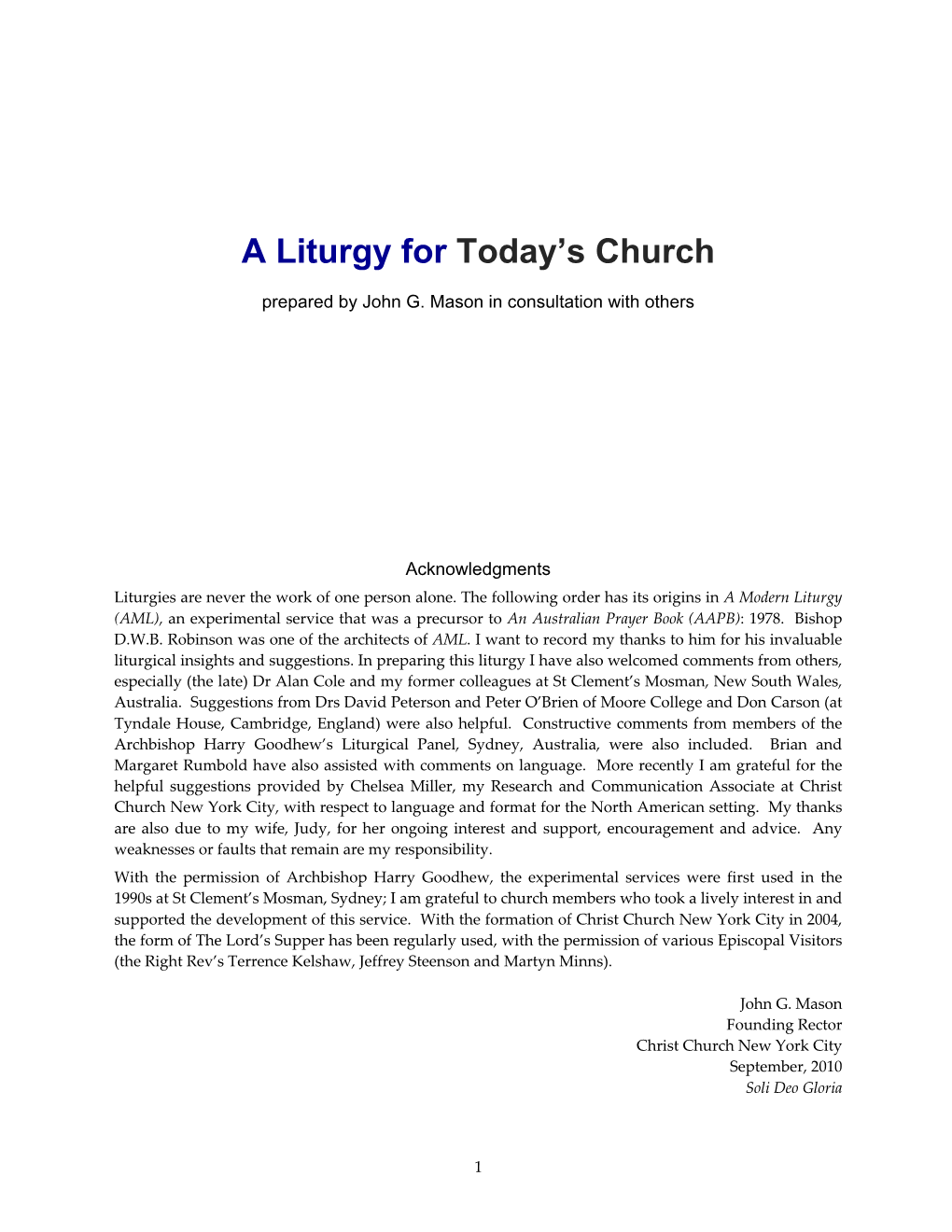 A Liturgy for Today's Church