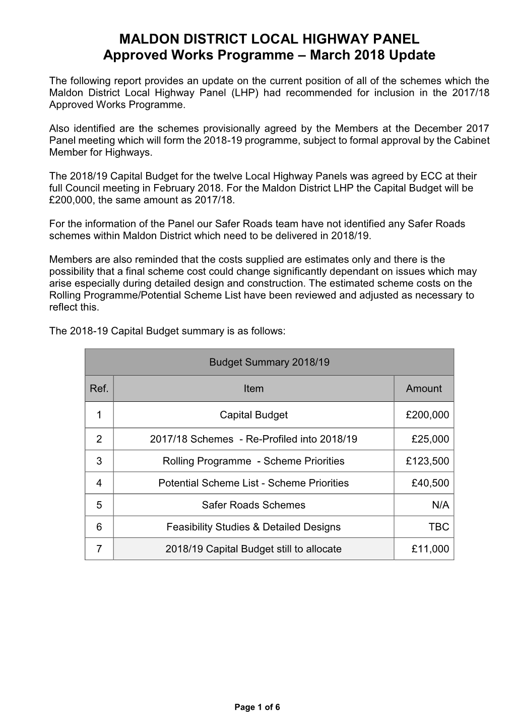 MALDON DISTRICT LOCAL HIGHWAY PANEL Approved Works Programme – March 2018 Update