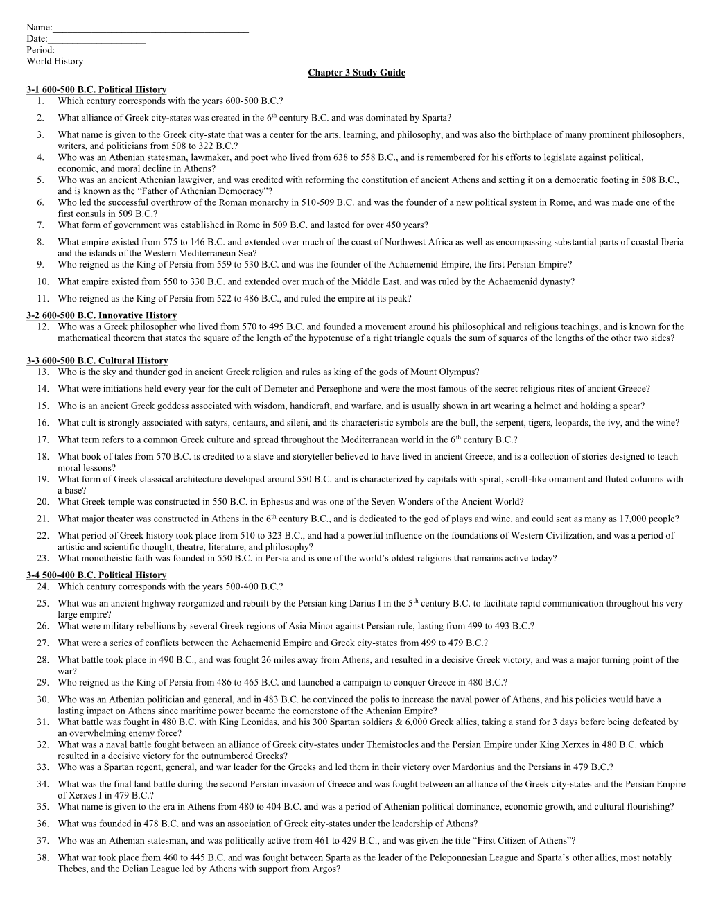 World History Chapter 3 Study Guide 3-1 600-500 B.C