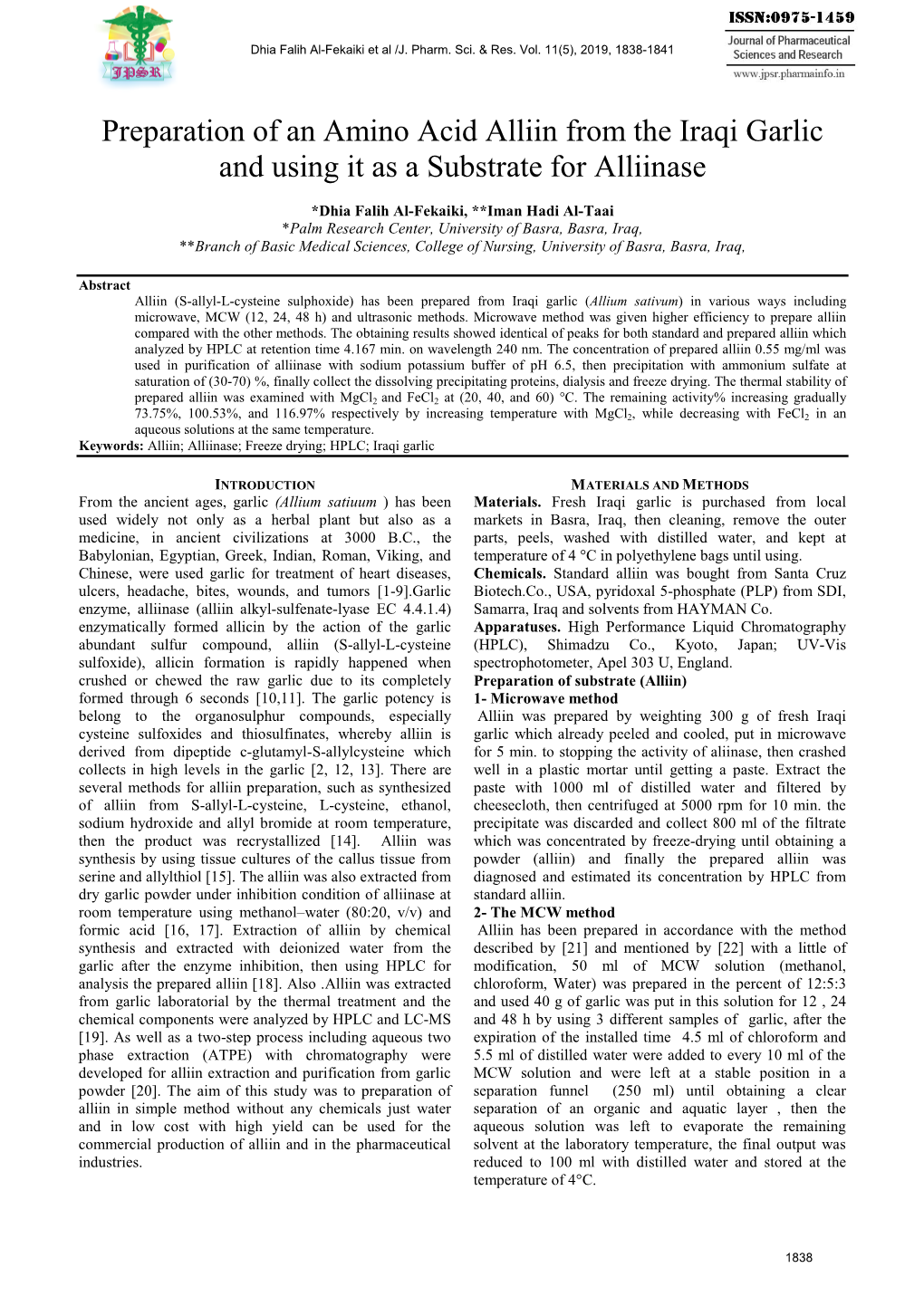 Preparation of an Amino Acid Alliin from the Iraqi Garlic and Using It As a Substrate for Alliinase