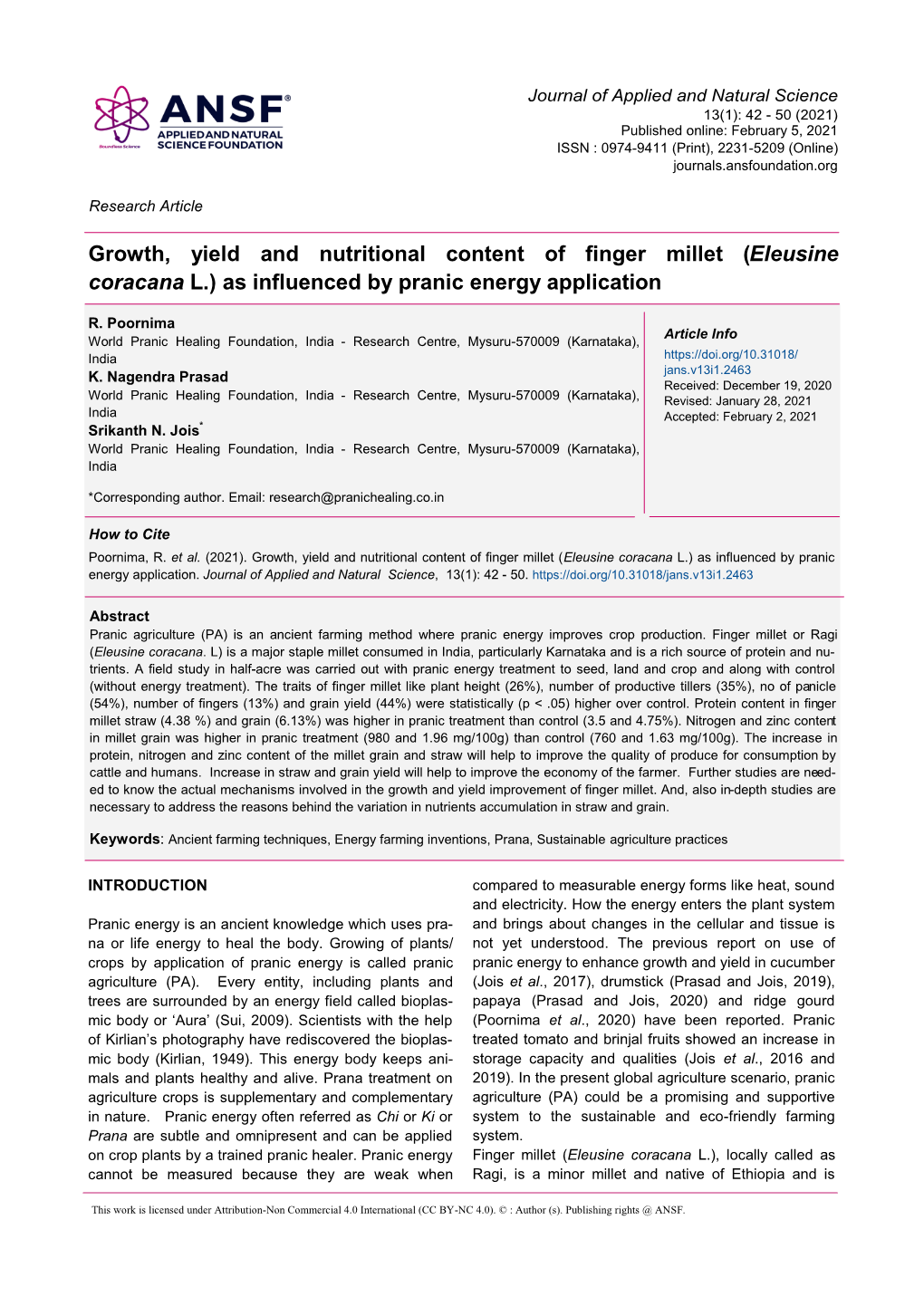 Growth, Yield and Nutritional Content of Finger Millet ( Eleusine Coracana L