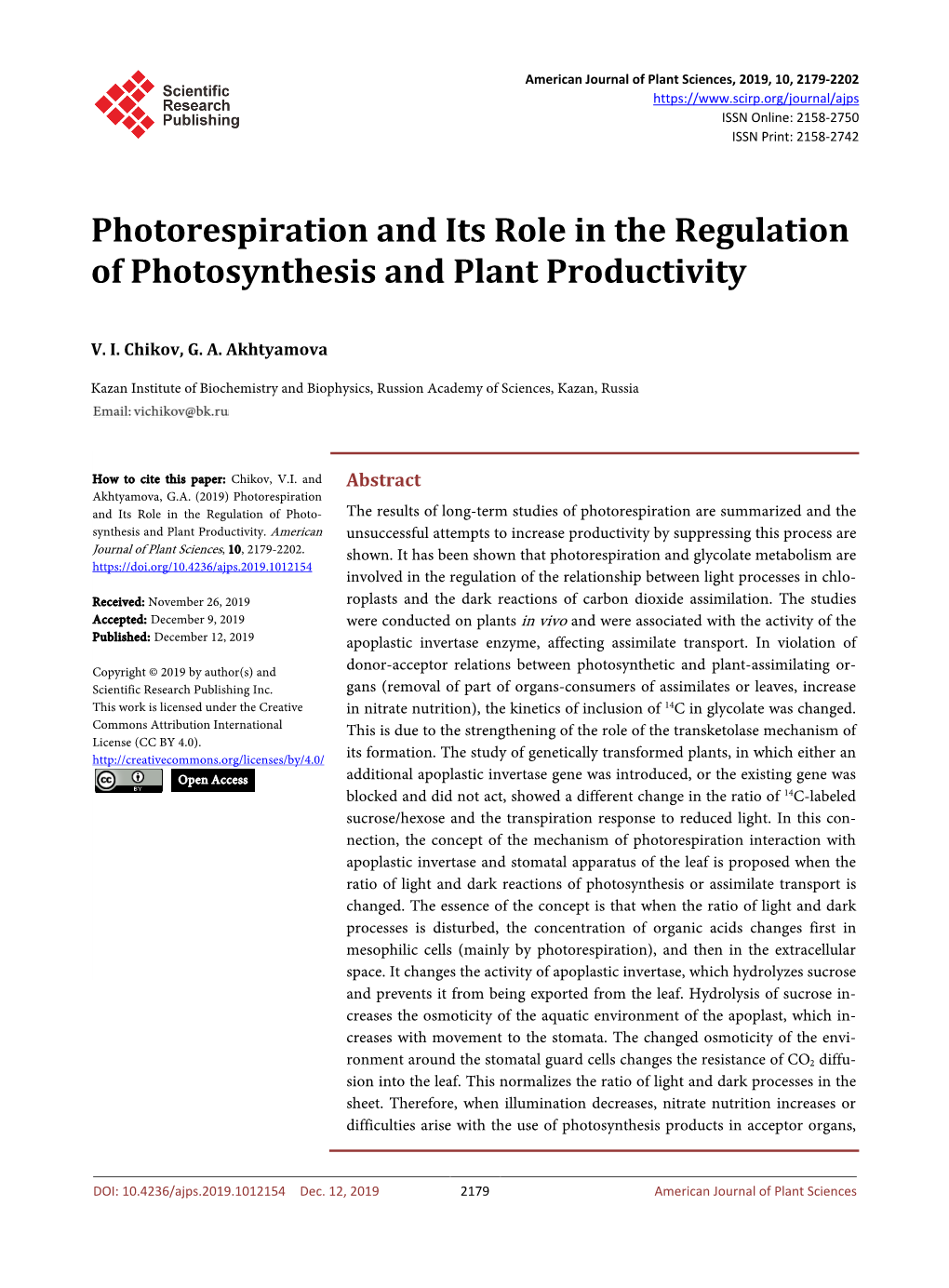 Photorespiration and Its Role in the Regulation of Photosynthesis and Plant Productivity