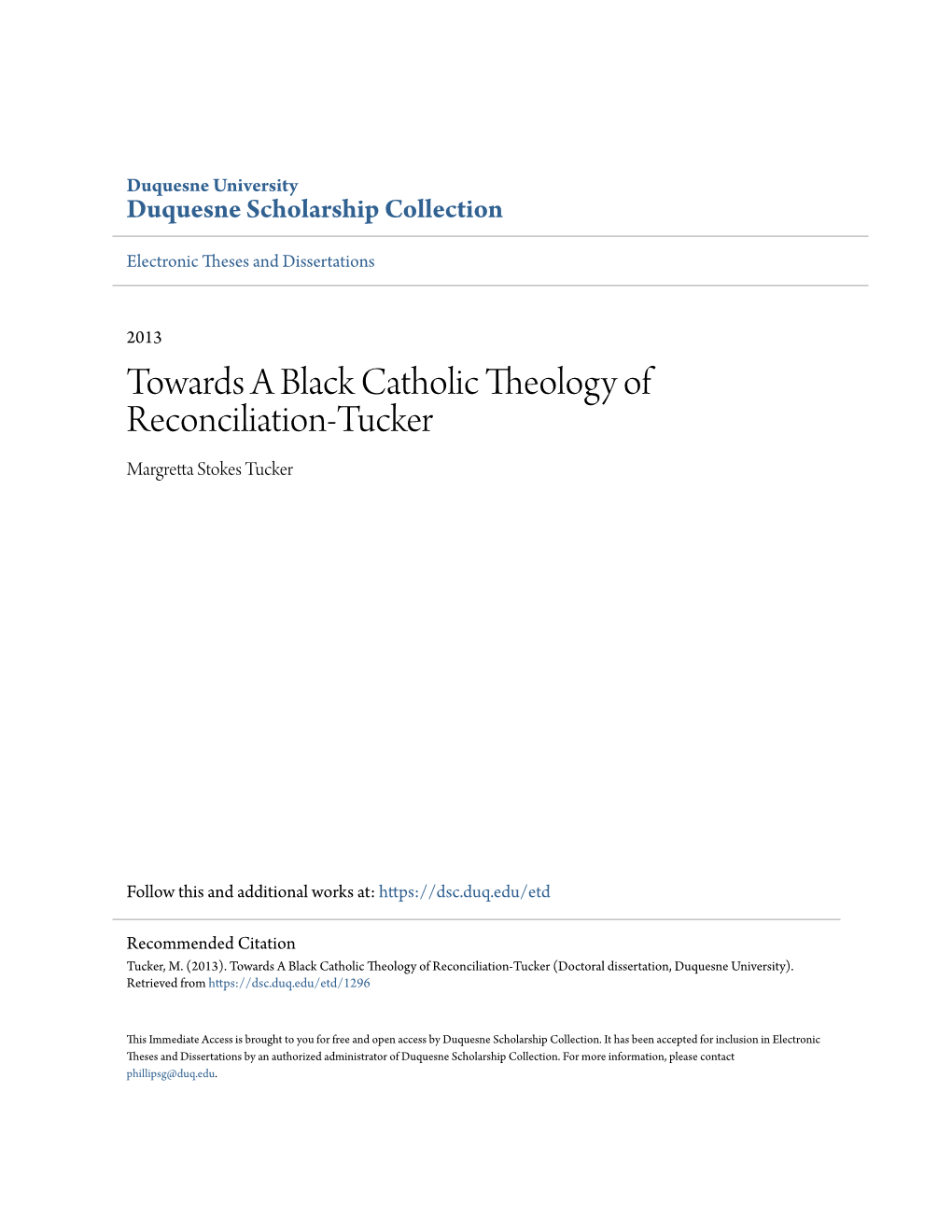 Towards a Black Catholic Theology of Reconciliation-Tucker Margretta Stokes Tucker