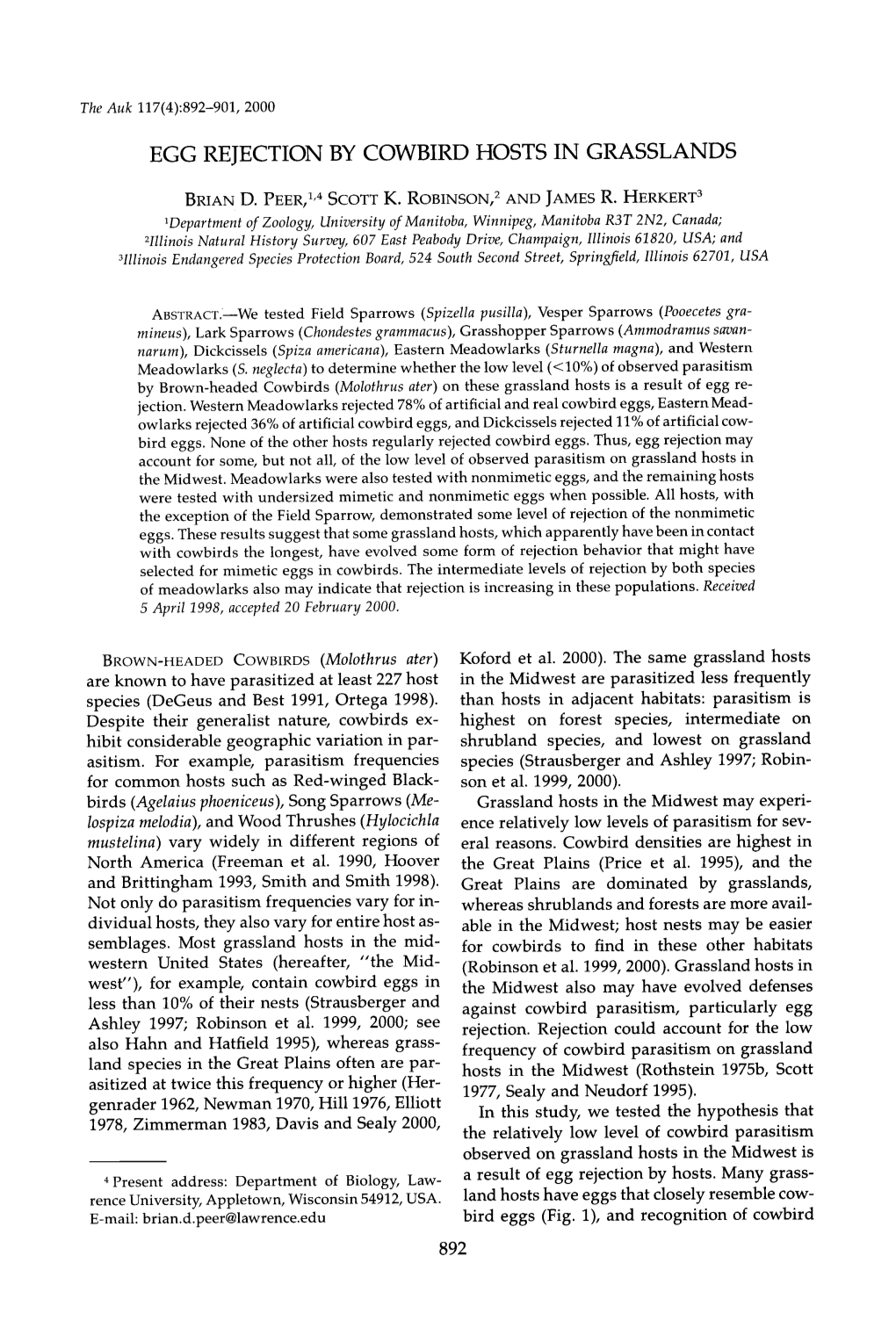 Egg Rejection by Cowbird Hosts in Grasslands