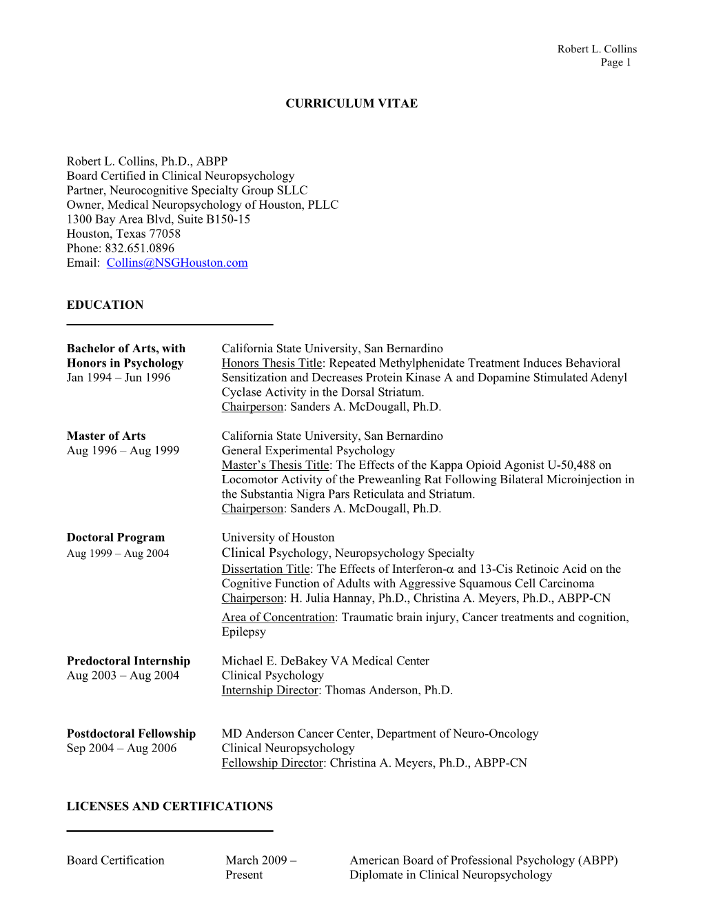 CURRICULUM VITAE Robert L. Collins, Ph.D., ABPP Board