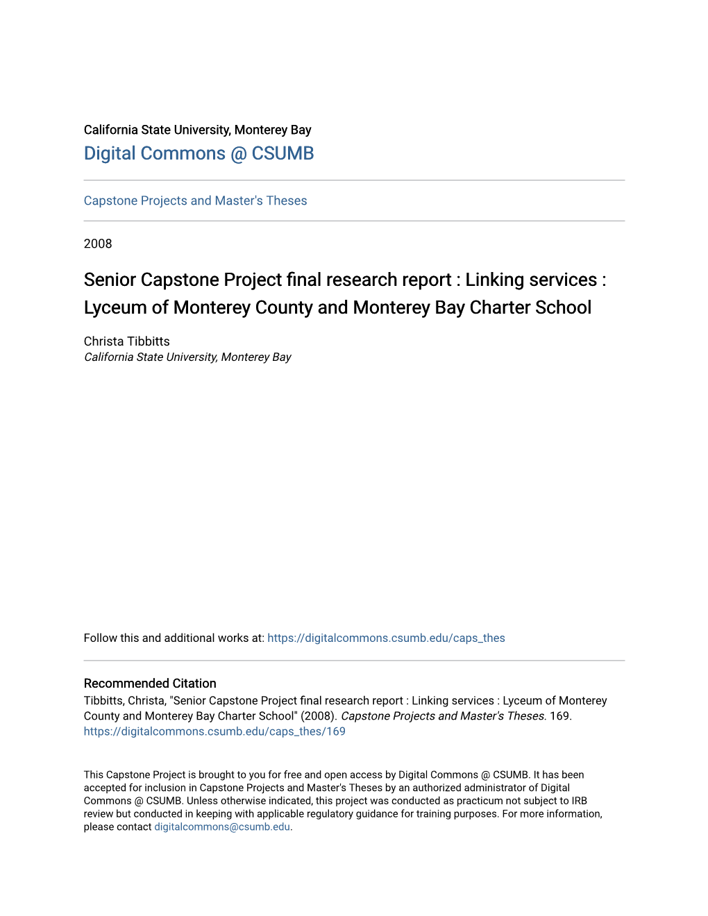 Senior Capstone Project Final Research Report: Linking Services: Lyceum of Monterey County and Monterey Bay Charter School