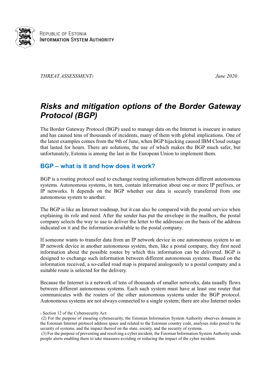 Risks and Mitigation Options of the Border Gateway Protocol (BGP)