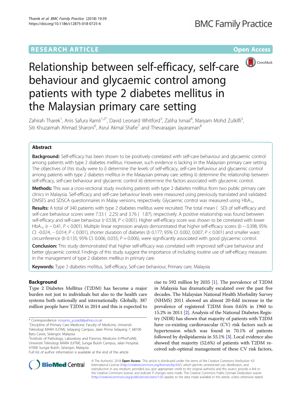 Relationship Between Self-Efficacy, Self-Care Behaviour and Glycaemic