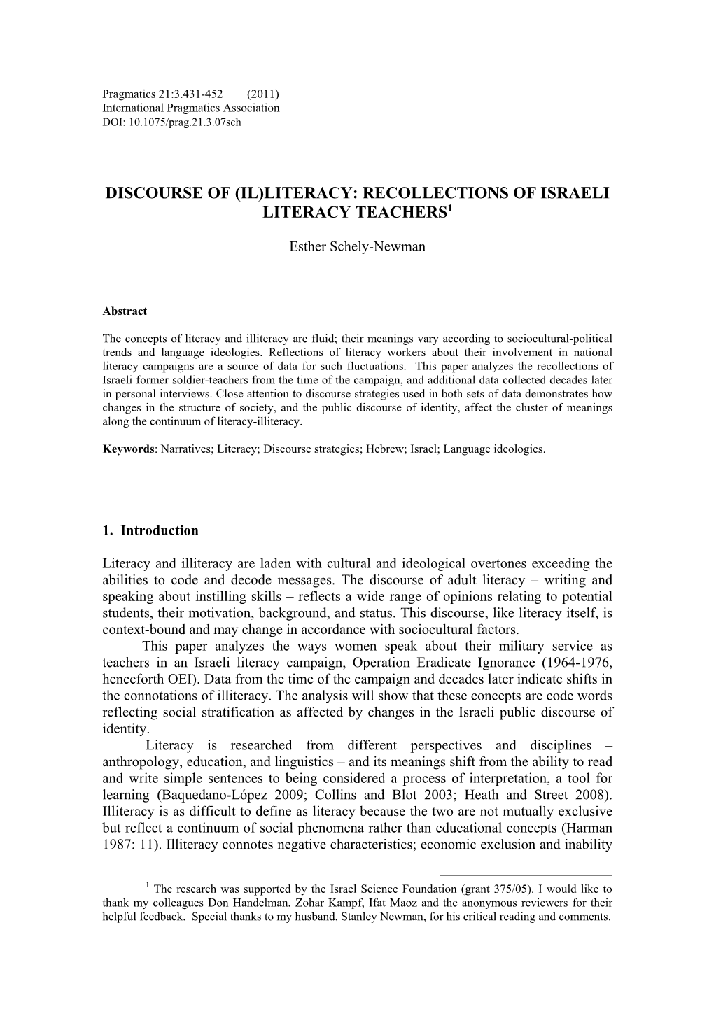 Literacy: Recollections of Israeli Literacy Teachers1