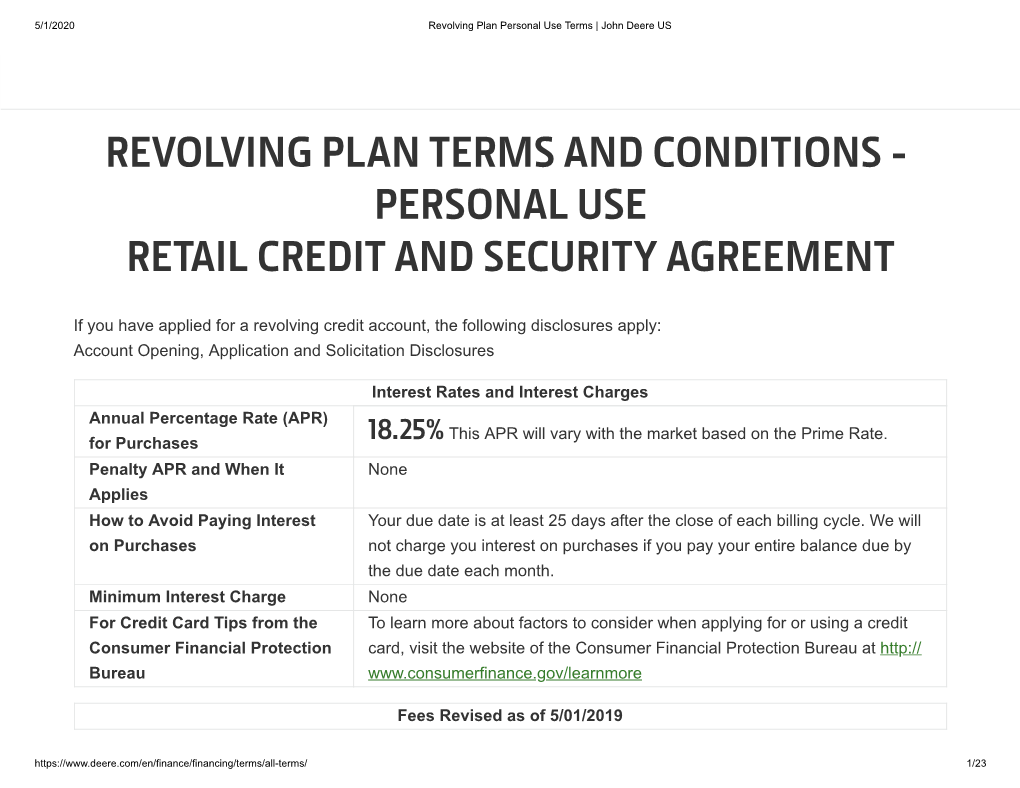 Revolving Plan Terms and Conditions - Personal Use Retail Credit and Security Agreement