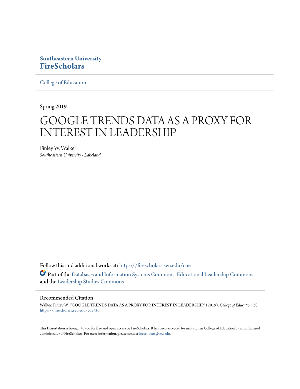 GOOGLE TRENDS DATA AS a PROXY for INTEREST in LEADERSHIP Finley W