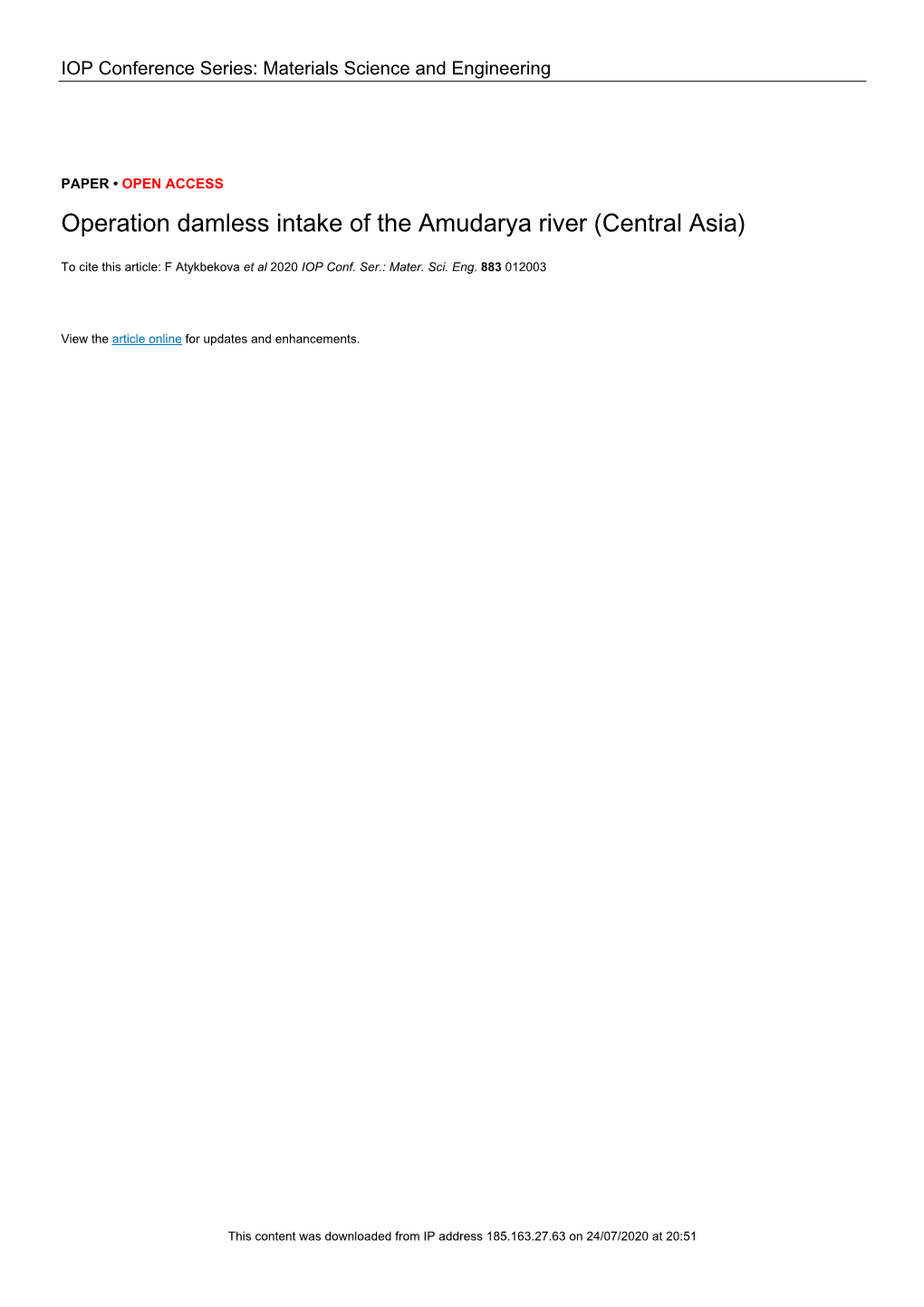 Operation Damless Intake of the Amudarya River (Central Asia)