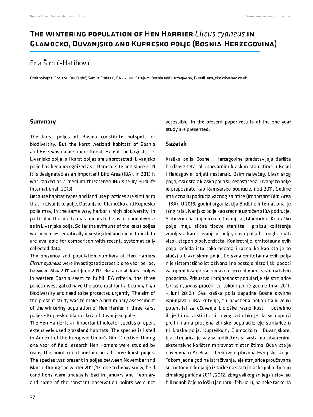 The Wintering Population of Hen Harrier Circus Cyaneus in Glamočko, Duvanjsko and Kupreško Polje (Bosnia-Herzegovina)