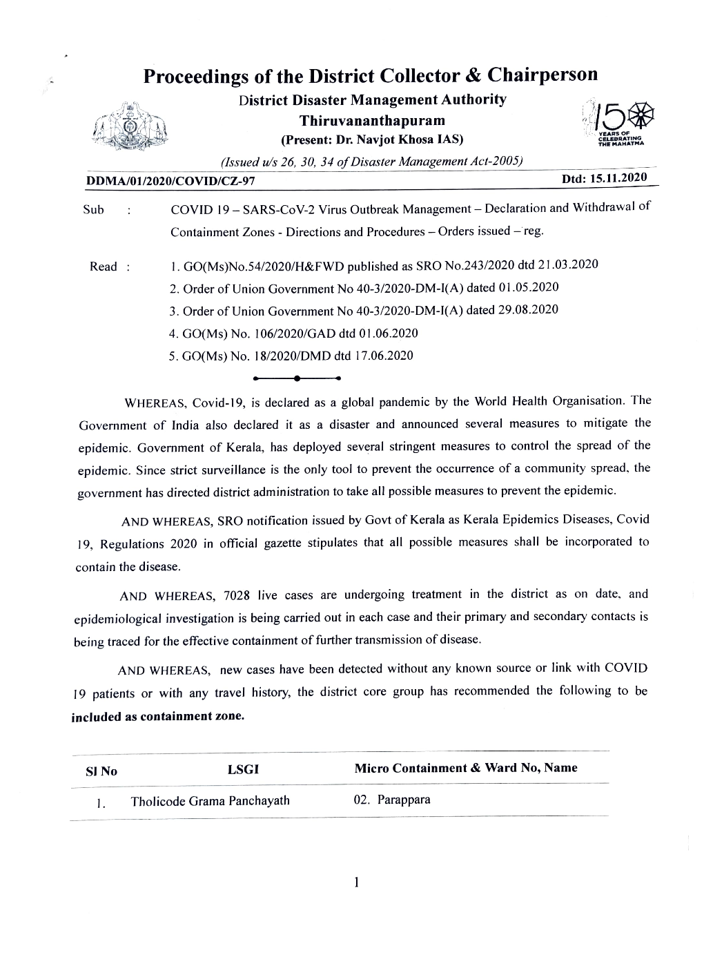 Proceedings of the District Collector & Chairperson