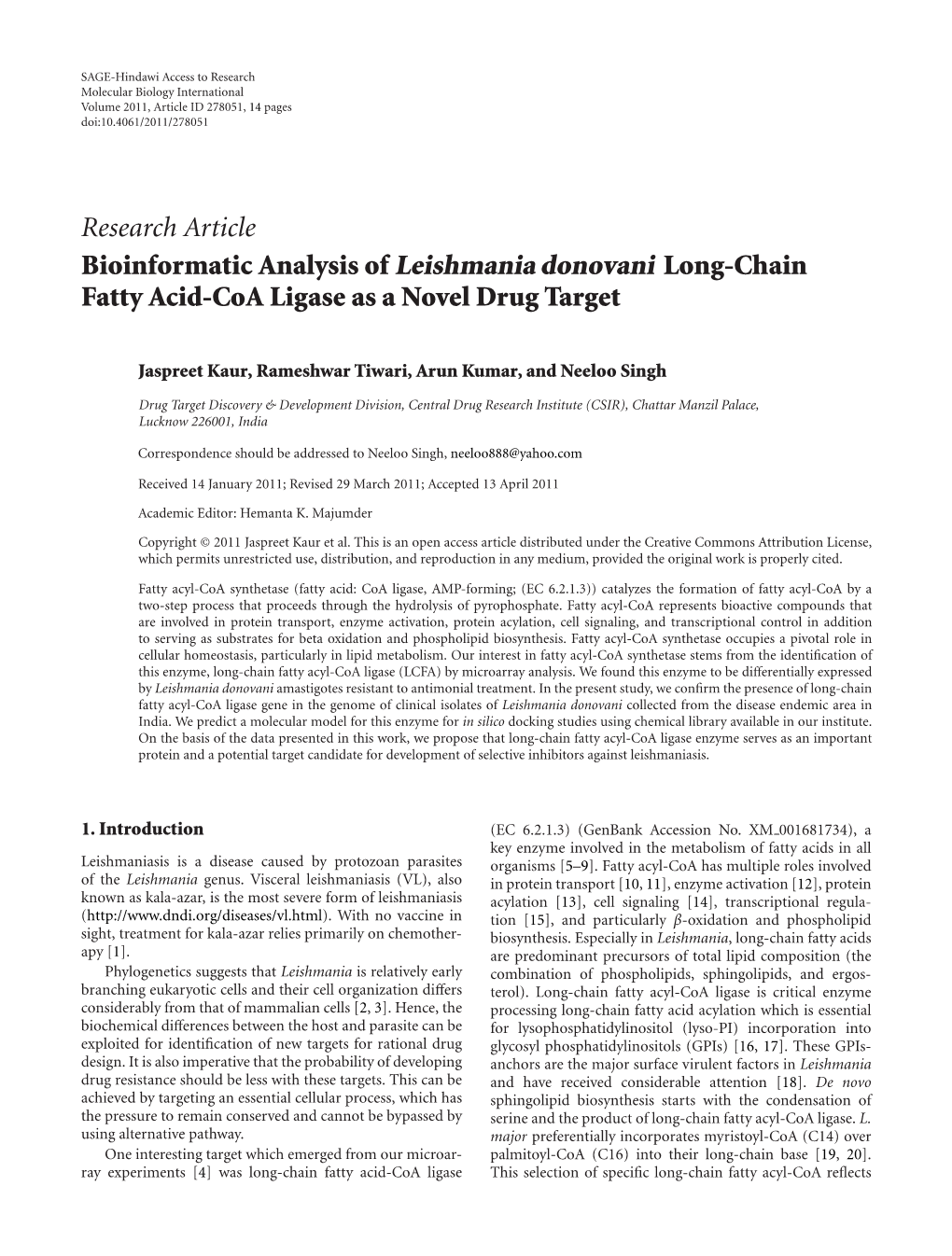 Bioinformatic Analysis of Leishmania Donovani Long-Chain Fatty Acid-Coa Ligase As a Novel Drug Target