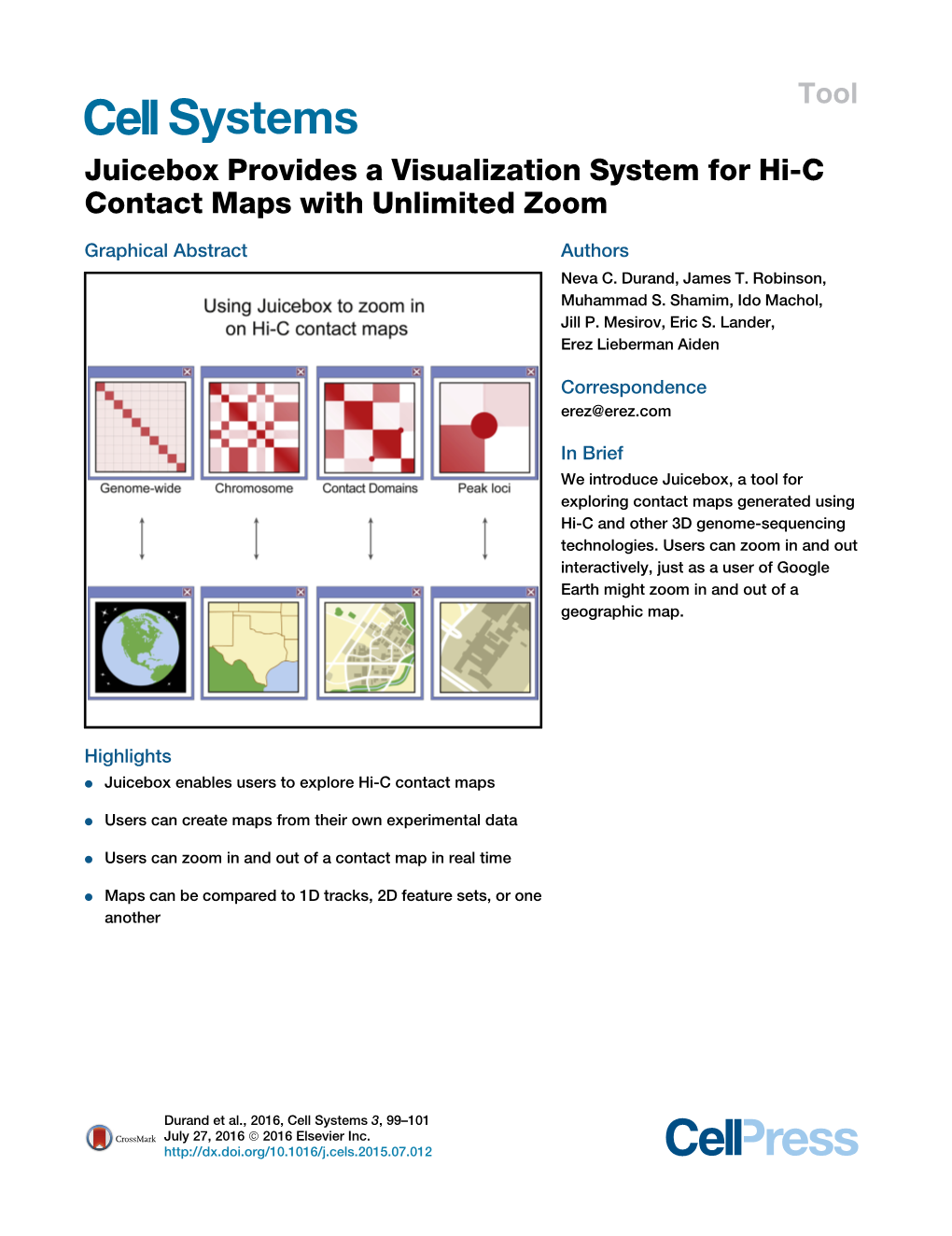 Juicebox Provides a Visualization System for Hi-C Contact Maps with Unlimited Zoom