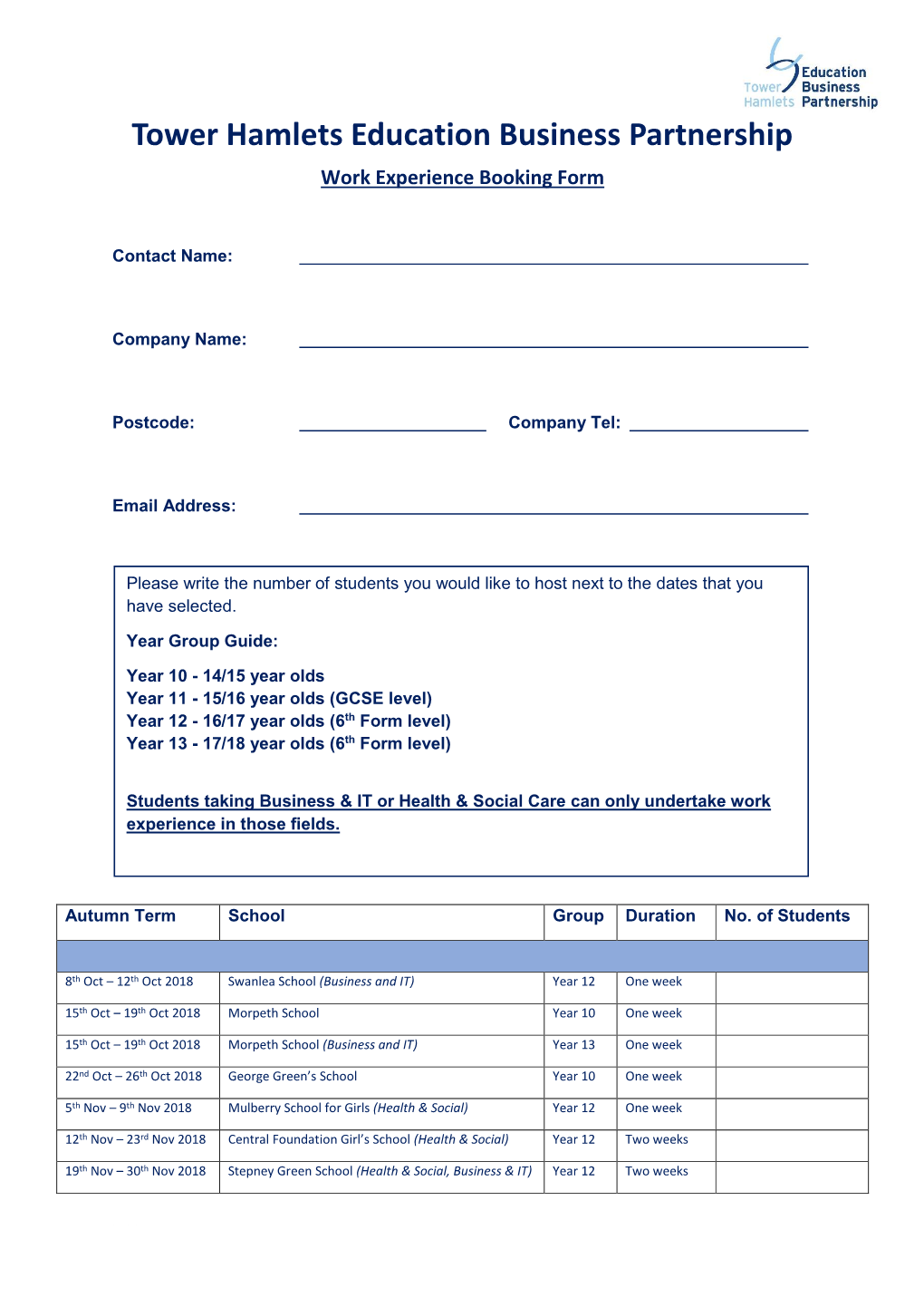 Tower Hamlets Education Business Partnership Work Experience Booking Form