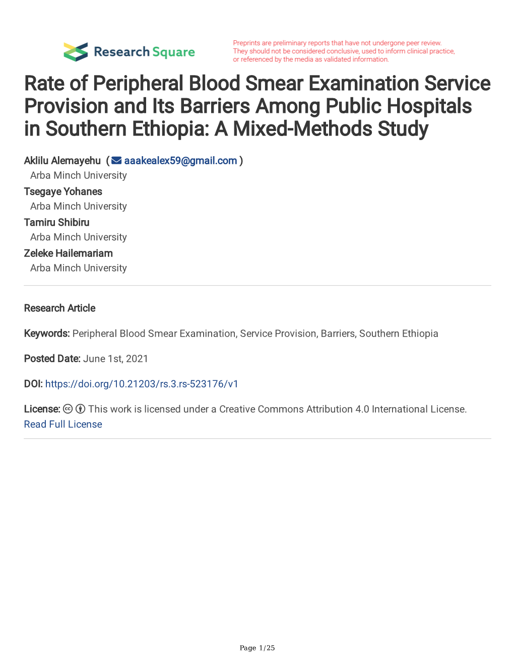 Rate of Peripheral Blood Smear Examination Service Provision and Its Barriers Among Public Hospitals in Southern Ethiopia: a Mixed-Methods Study