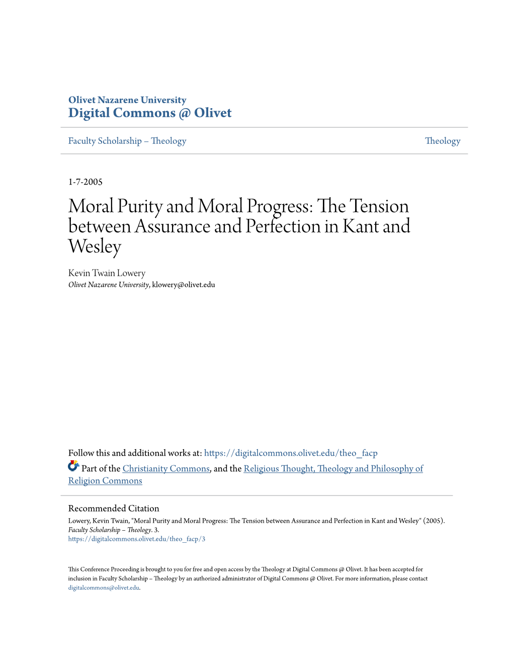 The Tension Between Assurance and Perfection in Kant and Wesley 1