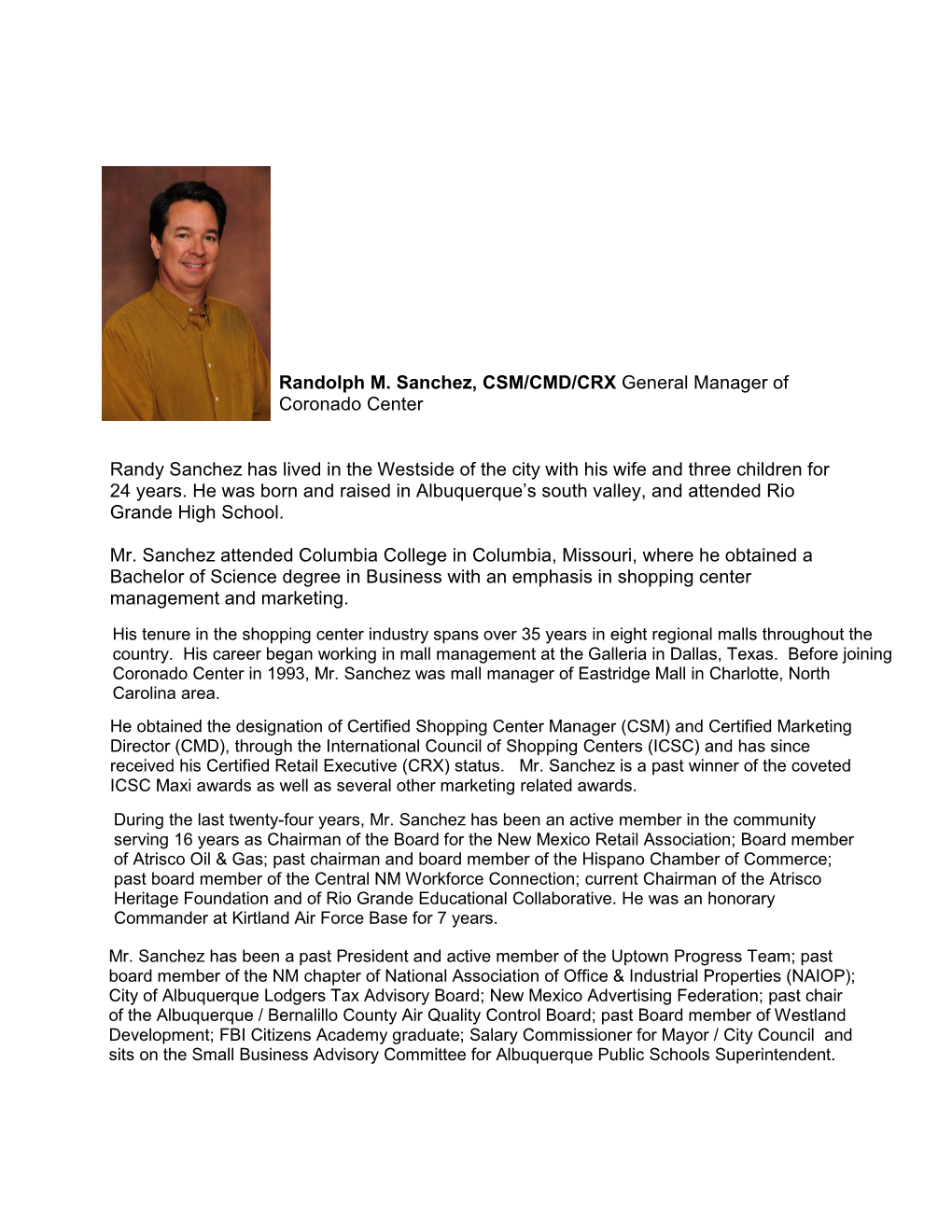Randolph M. Sanchez, CSM/CMD/CRX General Manager of Coronado Center