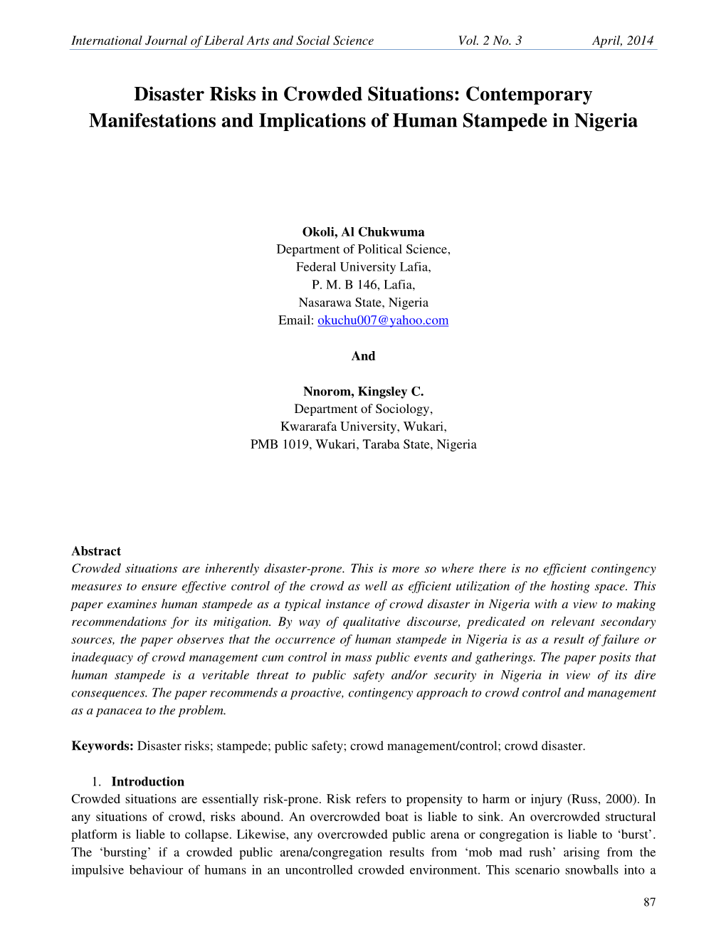 Disaster Risks in Crowded Situations: Contemporary Manifestations and Implications of Human Stampede in Nigeria