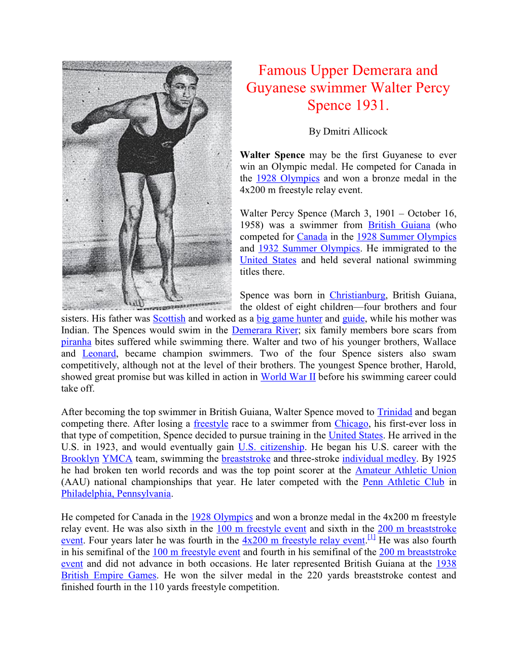 Famous Upper Demerara and Guyanese Swimmer Walter Percy Spence 1931